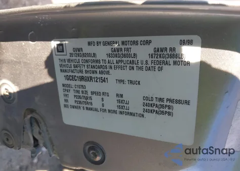 1999 Chevrolet C1500 Ls из США, поврежденный, VIN 1GCEC19R9XR121541